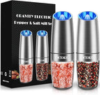 Gravity Electric Pepper and Salt Grinder Set, Salt and Pepper Mill & Adjustable Coarseness, Battery Powered with LED Light, One Hand Automatic Operation, (Set/Silver)
