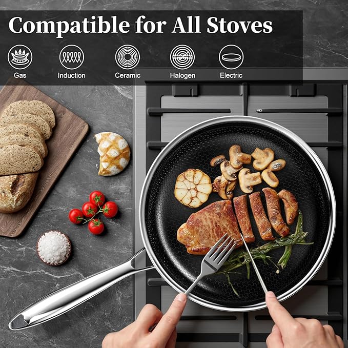 Innerwell 8 Inch Non Stick Pans, Titanium Ceramic Tri-Ply Stainless Steel Skillet Frying Pan Small Hybrid Nonstick Cooking Pan No Toxic Egg Frying Pan, Induction Compatible, PFAS/PFOA/PTFE Free