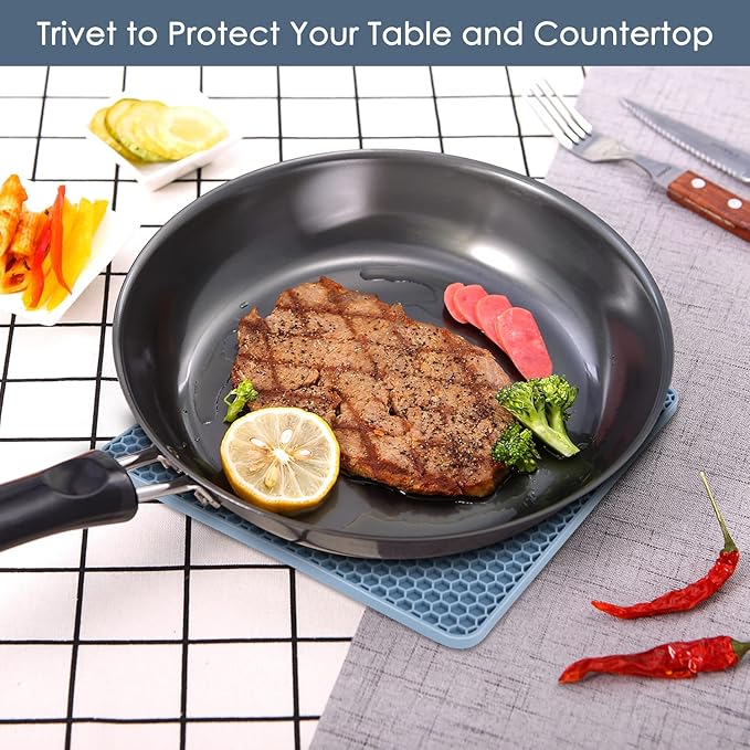 Trivets for Hot Dishes, 4 Pack Silicone Hot Pads Pot Holders for Kitchen, Non-Slip Heat Resistant Silicone Mat for Countertops, Spoon Rest, Multipurpose Food Grade Thick Trivet(Gray& Blue)