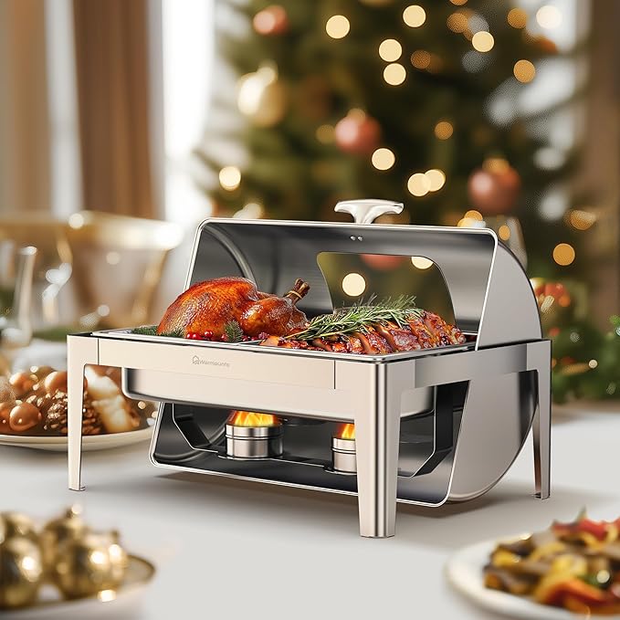 Roll-Top Chafing Dishes for Buffet with Glass Window (9QT) - Rectangular Food-Grade Stainless Steel Chafers for Catering with Rolled Rim Design, for Party, Banquet (1/2 Size Food Pan)