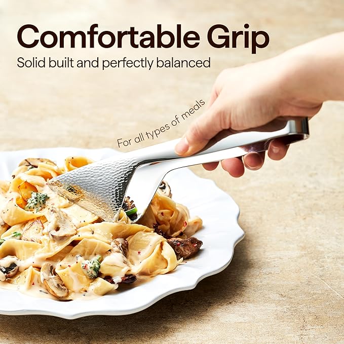 Luciella Ponza Flatware Set for 12, 65-Piece Stainless Steel Silverware Set with Serving Utensils, Timeless Hammered Design, Rust-Resistant, Mirror Polished & Dishwasher Safe