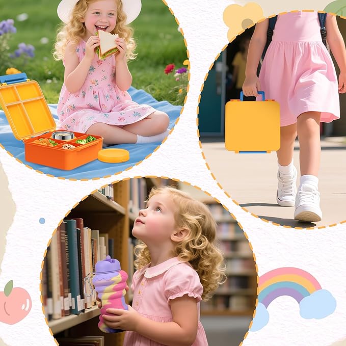 Bento Lunch Box for Kids with 9oz Soup Thermo, Leakproof Lunch Food Containers with 4 Compartment, Kids Thermo Hot Food Jar for School Travel