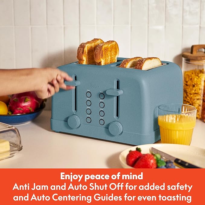 bella 4 Slice Toaster, 6 Setting Shade Control with Reheat & Cancel Buttons, Removable Crumb Tray, Anti Jam & Auto Shutoff, 900 Watt, Surf