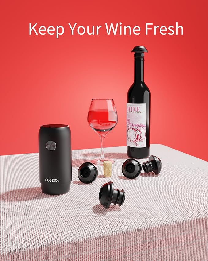Electric Wine Saver & Preserver Pump with Vacuum Wine Stopper, Rechargeable, 4 Reusable Wine Stoppers, Wine Sealer, Keep Wine Fresh for Days