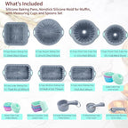 To encounter 65 Pieces Silicone Baking Pans Set, Metal Framed Silicone Tube Cake Pans, Nonstick Fluted Loaf Pans for Muffin, Cake, Bread, with Measuring Cups and Spoons Set, Light Grey