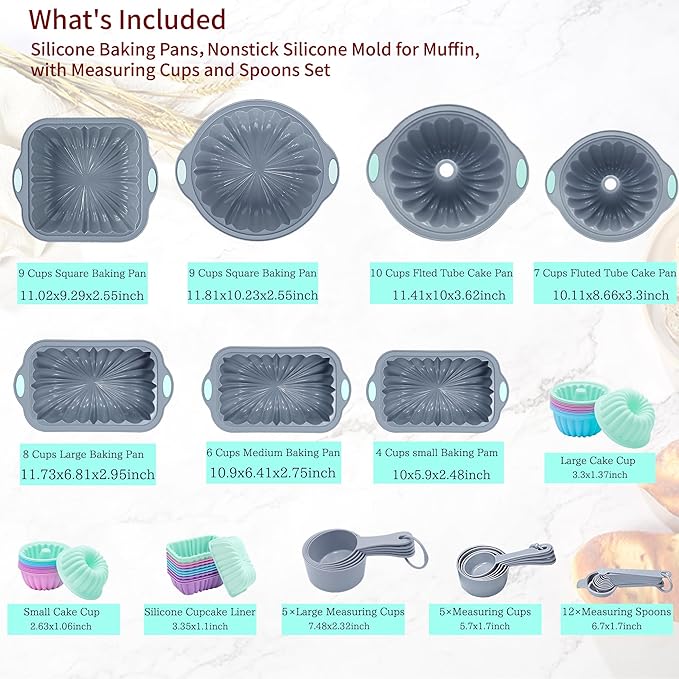 To encounter 65 Pieces Silicone Baking Pans Set, Metal Framed Silicone Tube Cake Pans, Nonstick Fluted Loaf Pans for Muffin, Cake, Bread, with Measuring Cups and Spoons Set, Light Grey