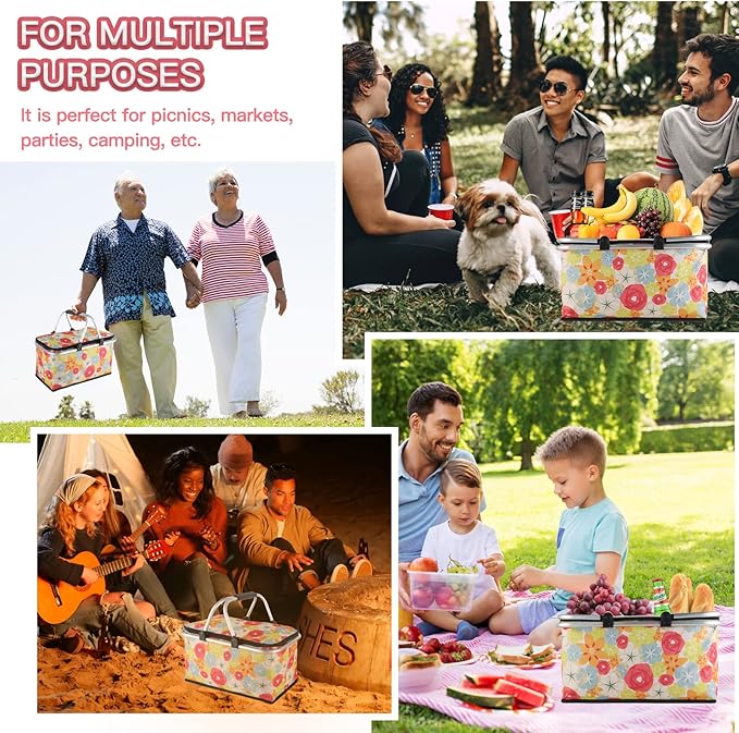 Insulated Picnic Basket,Collapsible Cooler Bag,32L Grocery Basket with Lid,2 Sturdy Handles,Storage Basket for Picnic,Food Delivery,Take Outs,Market Shopping,Travel (Flower)