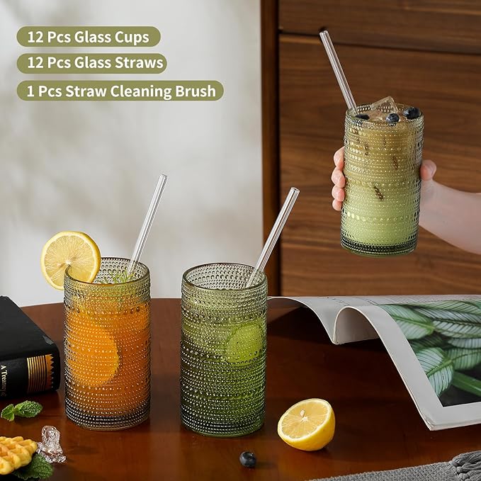 Vintage Hobnail Drinking Glasses Set of 12, 16 oz Large Capacity Embossed Green Tumblers, Highball Glasses for Water, Cocktail, Beer, Whiskey, Kitchen & Bar Use