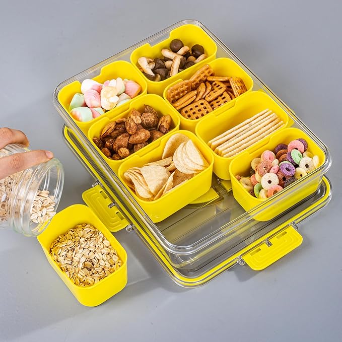 Divided Snack Serving Tray with Lid and Handle Travel Snackle Charcuterie Container Portable Storage Organizer for Candy, Fruits, Nuts, Snacks, Party, Picnic (1pack, Yellow)
