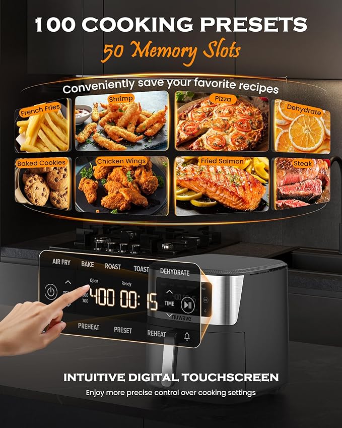 Nuwave Brio Plus 6-in-1 Air Fryer, 7-Qt Large Capacity, 50°F–400°F Precise Temp Control, Non-Toxic PFAS-Free Nonstick, Air Fry, Bake, Roast, Toast, Dehydrate, Reheat, 100 Presets, Dishwasher Safe