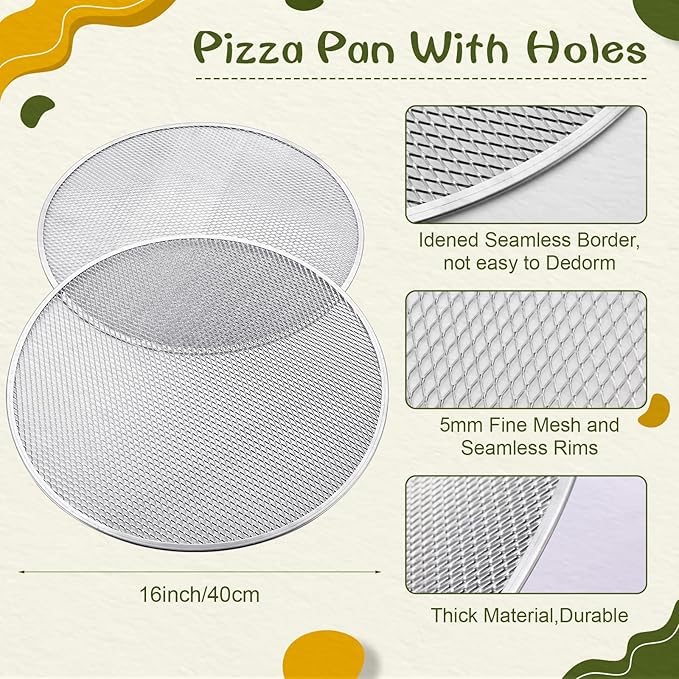Nuogo 8 Pcs 16 Inch Pizza Pan with Holes Aluminum Mesh pizza Screen Seamless Round Tray for Oven Nonstick Baking Sheet for Kitchen Bakery Restaurant BBQ Party Cookware Supplies