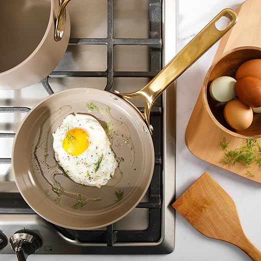 Bloomhouse - Two Time Oprah's Favorite Things Winner - 8 Inch Heavy Duty Aluminum Premium PFA Free Ceramic Nonstick Saute/Deep Frying Pan Skillet - Cappuccino Cream with Gold Handle