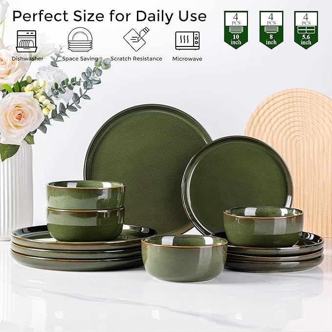 AmorArc Stoneware Dinnerware Sets for 4,Round Reactive Glaze Ceramic Plates and Bowls Set,Highly Scrath Resistant | Dishwasher & Microwave Safe Dishes Set,Service for 4 (12pc)