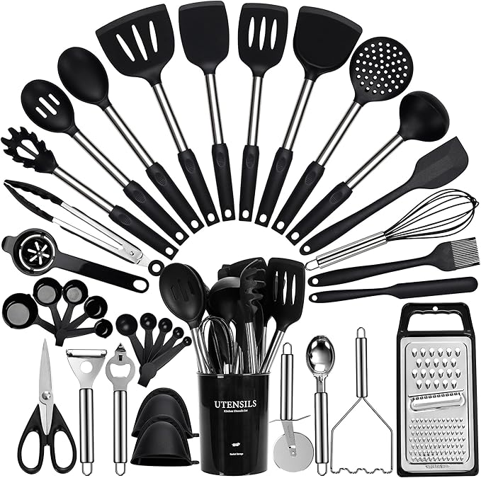 Large Cooking Utensils Set, 35 Pcs Kitchen Utensils Set with Holder, Silicone Spatula Set with Stainless Steel Handle, Whisk, Basting Brush, Kitchen Gadgets for Nonstick Cookware (Black)