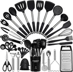 Large Cooking Utensils Set, 35 Pcs Kitchen Utensils Set with Holder, Silicone Spatula Set with Stainless Steel Handle, Whisk, Basting Brush, Kitchen Gadgets for Nonstick Cookware (Black)