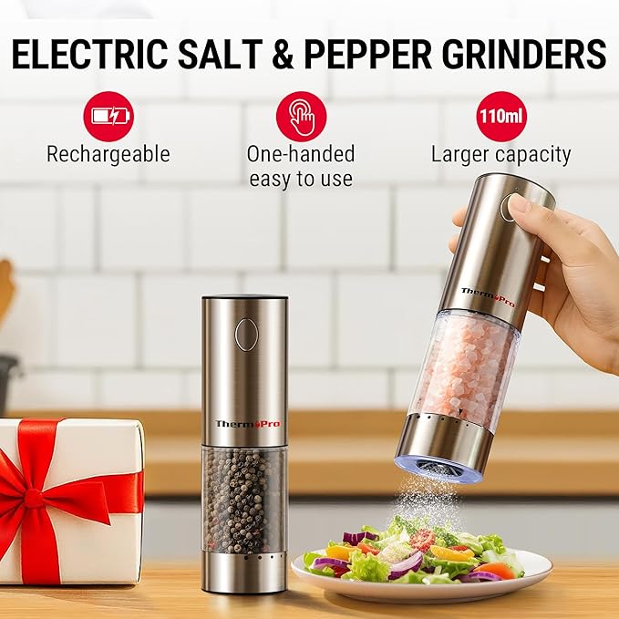 ThermoPro Upgraded Larger Capacity Electric Salt and Pepper Grinder Set, Rechargeable Salt and Pepper Shakers with External Adjustment, Stainless Steel Auto Salt Grinder with Dust Cover & LED lights