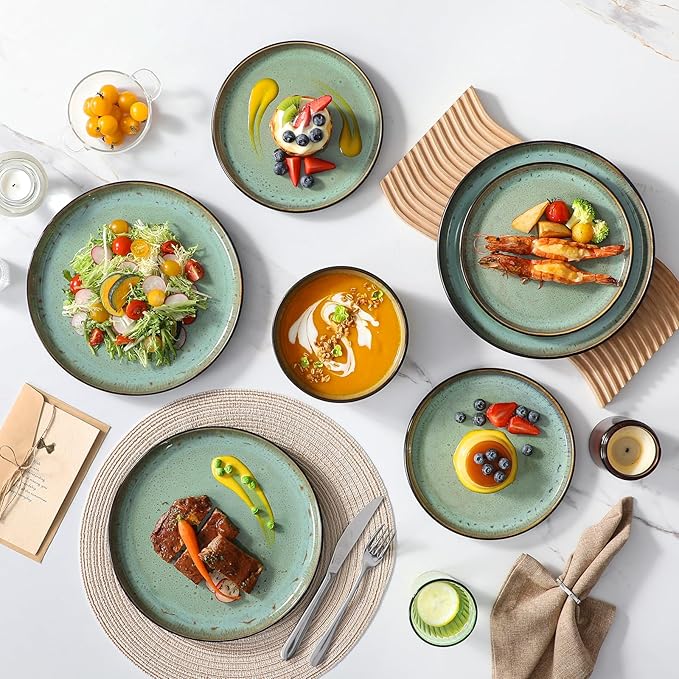 vancasso Plates and Bowls Sets, 18 Pieces Stoneware Dinnerware Sets for 6, Kitchen Dish Set Mircowave and Dishwasher Safe Dinner Set Ceramic Dishware, Turf Green, Series AMBER