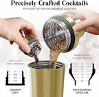 Insulated Cocktail Shaker Set | Double Wall Stainless Steel | Martini Shaker for Home Bar Bartending | Built-in Drink Measurement System & Strainer, Travel Bag, 35 Recipes | Gift Set (Gold)