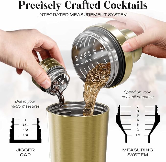 Insulated Cocktail Shaker Set | Double Wall Stainless Steel | Martini Shaker for Home Bar Bartending | Built-in Drink Measurement System & Strainer, Travel Bag, 35 Recipes | Gift Set (Gold)