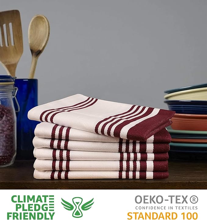 Urban Villa Kitchen Towels 100% Cotton Pack of 6, Highly Absorbent Quick Drying Super Soft Premium Dish Towels for Kitchen with Hanging Loop Hand & Tea Towels - 20x30 Inch, (Wine & White, Striped)