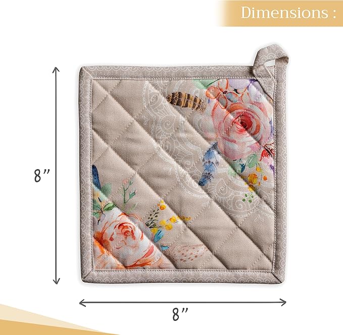 Maison d' Hermine Pot Holders Set 100% Cotton Heat Resistant Potholders 8" x 8" Hot Pads with Loop BBQ, Cooking, Baking, Grilling, Kitchen, Handling Hot Pans Spring/Summer (Pack of 2, Ibiza - Beige)