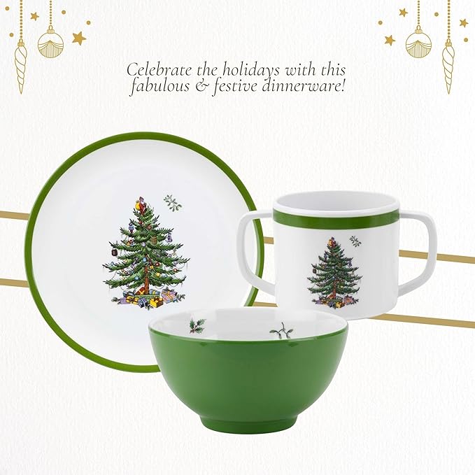 Spode Christmas Tree 3-Piece Melamine Dinnerware Set - 8" Plate, 5" Bowl, 10 Oz Mug - Festive & Durable Holiday Collection for Kids - Christmas Tableware with Classic Tree Motif, Dishwasher Safe