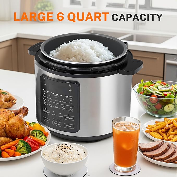 Simple Deluxe 12-in-1 Electric Pressure Cooker, 6QT Stainless Steel & Non-Stick Multi Cooker for Slow Cook, Meat Stew, Cake, Porridge, Multigrain, Dishwasher Safe, Silver