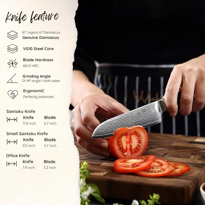 Wakoli MIK Damascus 3-Piece Knife Set – Japanese Style Kitchen Knives | Genuine Damascus Steel Blades with VG10 Core | Ergonomic Micarta Handles | Professional Chef Knife Gift Set in Elegant Box