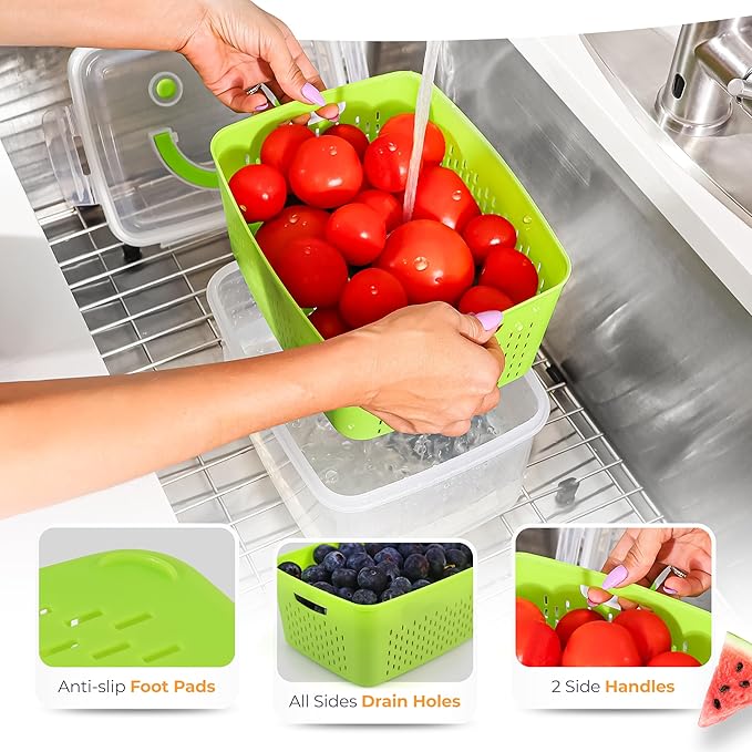 Fruit Storage Containers for Fridge - Keep Fruit & Veggie Fresh Longer - Rinse & Store Produce with Strainer - Berry/Vegetable Stackable Organizer - BPA-Free, Dishwasher Safe