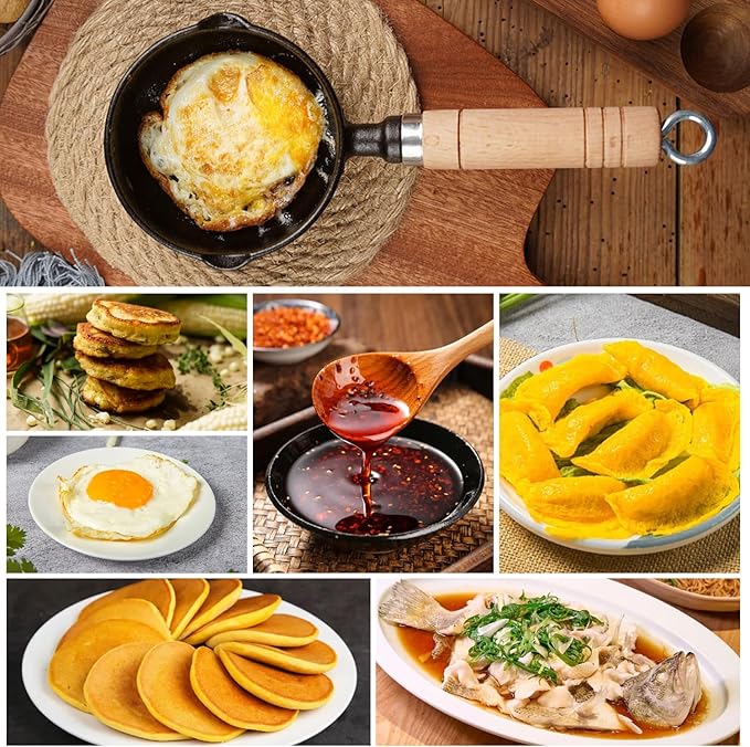 Cast Iron Melting Pot, 4.3 inch Mini Egg Frying Pan Oil Heating Pan Milk Butter Warmer Pot with Wood Handle for Home Kitchen