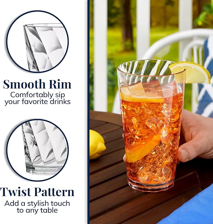 US Acrylic Optix Plastic Reusable Drinking Glasses (Set of 8) 20oz Water Cups in Clear | BPA-Free Tumblers, Made in USA | Top-Rack Dishwasher Safe