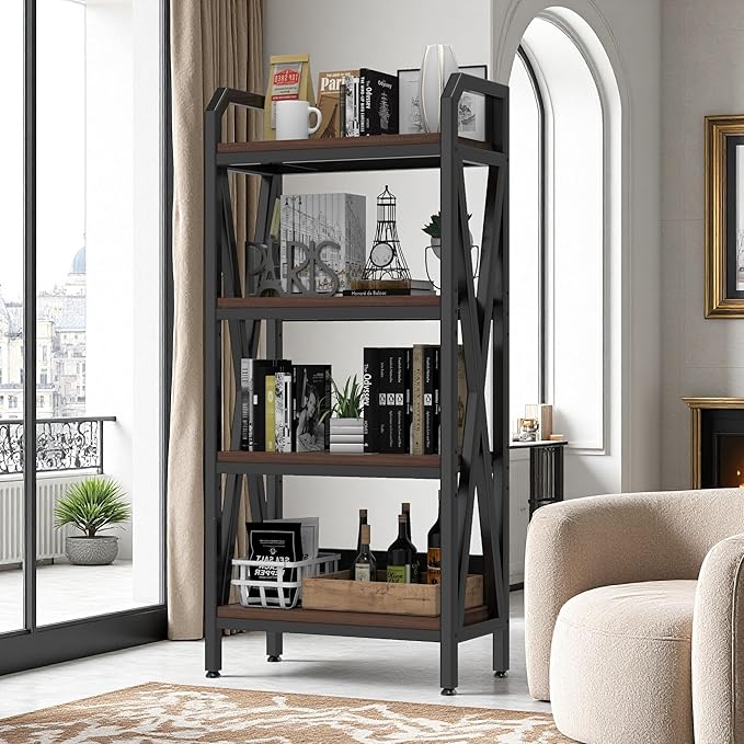 KEIKI 4-Tier Kitchen Bakers Rack with Storage, 55'' Bookcase Shelf Adjustable Shelves Freestanding, Microwave Stand, Bakers Rack for Kitchen, Garage, Pantry, Bathroom