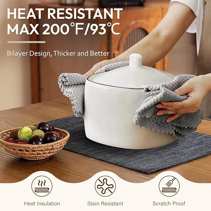 Blue Forest Placemats Set of 4, Dual-Layered Thickened Faux Linen Cloth Place Mats Heat Resistant Machine Washable Wrinkle Free Table Mats Indoor/Outdoor (Dark Grey)