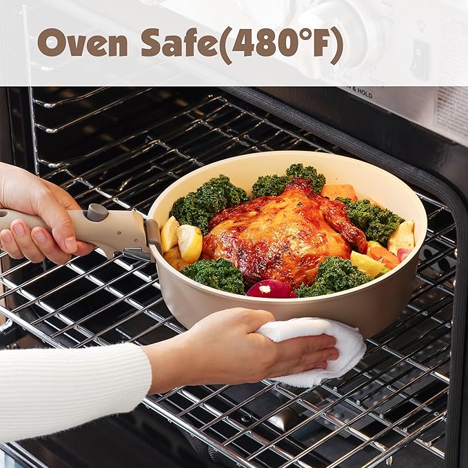 SENSARTE 17 Piece Ceramic Pots and Pans Set, Nonstick Detachable Handle Cookware, Induction Kitchen Cookware Set with Removable Handle, Dishwasher ＆ Oven Safe (Almond Beige)