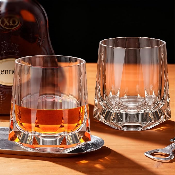 KAMMAK Crystal Old Fashioned Glass Set of 2, 8.79 oz (260ml) Hand Blown Whiskey Glasses, Tumbler with Delicate Rim & Weighted Base, Lead-Free Barware for Scotch, Bourbon, Cocktail