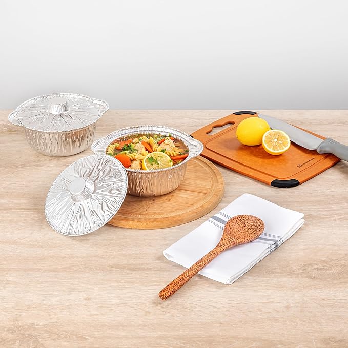 Foil Lux 34 Ounce Pans And Lids, 100 Disposable Pots With Lids - Oven-Ready, Stove Compatible, Aluminum Foil Baking Pans, Freezable, For Outdoor Camping, Vacation, Picnic, And More - Restaurantware
