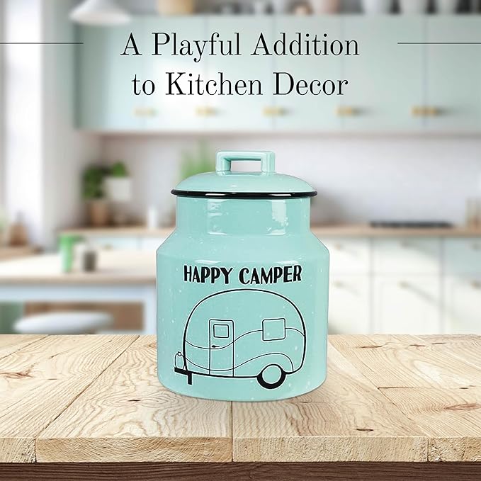 Young's Inc. Ceramic Cookie Jar - Cute Kitchen Counter Storage Canister with Lid - Perfect for Cookies, Coffee, Tea, Candy, Dog Treats, and More - Happy Camper - Mint