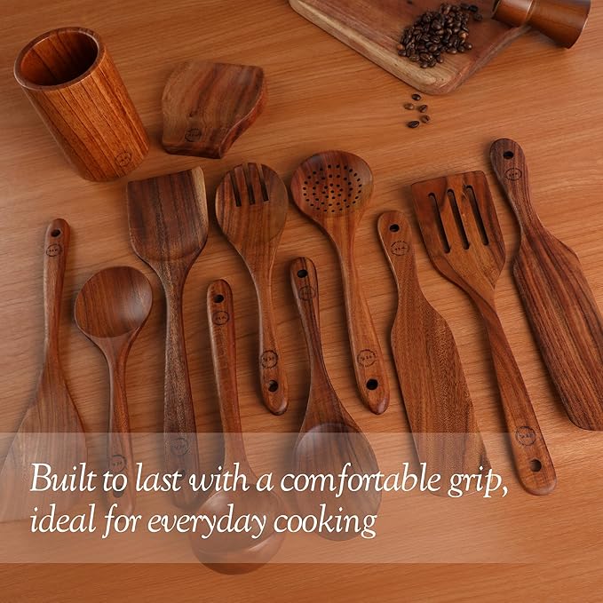 Wooden Spoons for Cooking – 12-Piece Teak Wood Utensil Set with Large Spoon Holder, Spoon Rest & 2 Spurtles – Non-Stick, Heat Resistant, Comfortable Grip Kitchen Tools