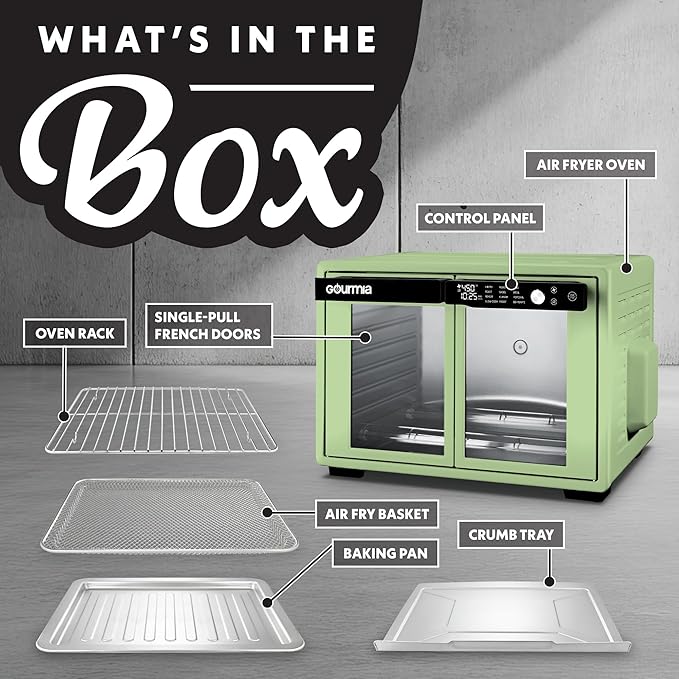 Gourmia French Door Digital Air Fryer Oven - 25-Quart XL Capacity, 12 Presets, Touchscreen, FryForce 360° Tech, Dehydrate, Proof, Slow Cook, Fits 13” Pizza, 1700W, Green