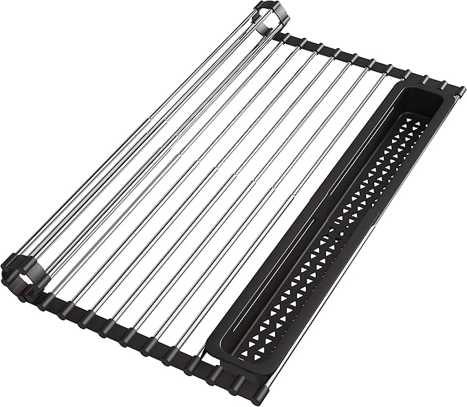 Roll Up Dish Drying Rack, Expandable (12.8"-23.8" D x 12.8" W) Stainless Steel Portable Over The Sink Dish Drainer for Kitchen Sink Counter, Foldable Sink Cover with Removable Utensil Holder