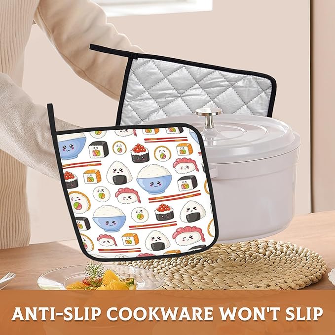 Kawaii Sushi Pot Holder Set of 2,Food Cute Cartoon Kitchen Heat Resistant Potholder for Women Men BBQ Cooking Baking