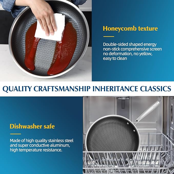 Non Stick Frying Pans, 10 inch Stainless Steel Nonstick Fring Pan with Honeycomb for Kitchen Cooking - Skillet for Cookware - Works with Induction Cooktop Ceramic and Gas.