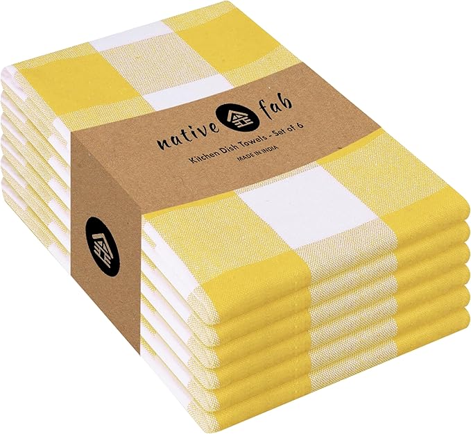 Native Fab Yellow Buffalo Dish Towel 16"x26", Set of 6 - Cotton Plaid Towels, Soft Absorbent Dishcloths with Hanging Loop, Kitchen Towels for Quick Drying - Yellow White