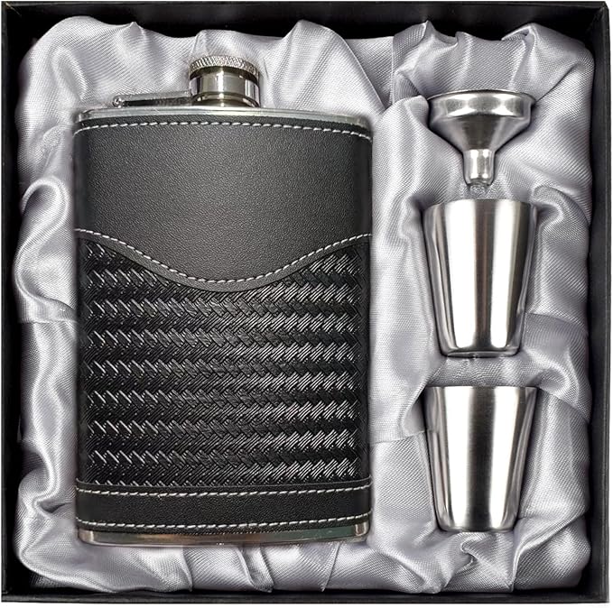 Hip Flasks for Men Leather Hip Flask Gift Set,Hip Flask 304 Stainless Steel Flask Set w/Funnel Shot Glasses Gift for Whiskey Rum Groomsman Best Man Usher Wedding-Leather Stripe Black-8oz