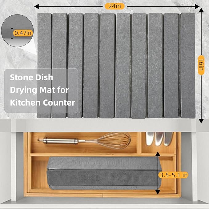 Large Stone Dish Drying Mats for Kitchen Counter, 24"(L)×16"(W), Fast Dry Super Absorbent Collapsible Dish Drying Pad (Light Grey, 24"(L)×16"(W))