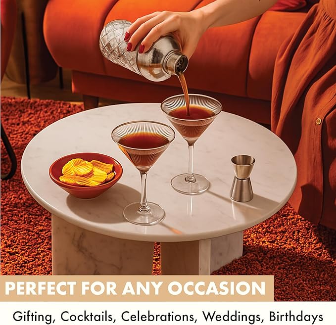 VEMACITY - Silver Luxury Home Mixology Cocktail Shaker Set with Silver Accessories - Glass Shaker with Built-In Strainer, 2 Ribbed Espresso Martini Glasses & Bar Tools - Gift Sets, Wedding Gift