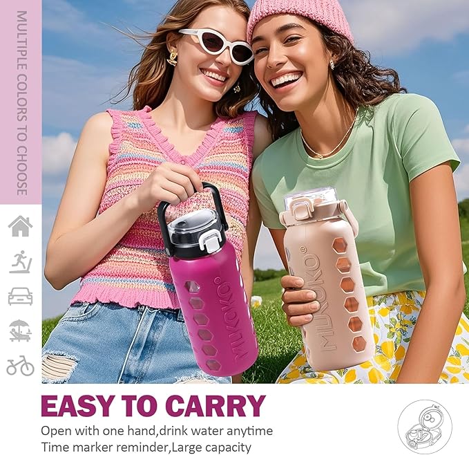MUKOKO Half Gallon/64 oz Glass Water Bottles with Straw and Lid,Motivational Water Jug with Time Marker Reminder and Silicone Sleeve,100% Leakproof BPA Free Fitness Sports Large Bottle-Rose