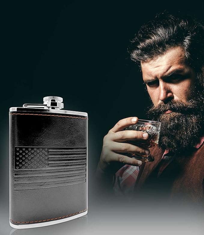 Leather American Flag Hip Flask - Leak Proof Food Grade Stainless Steel for Whiskey or Bourbon Liquor | Bonus Funnel (USA 8 Ounce Flask, Black Leather Wrap)