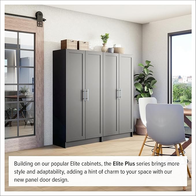 Prepac Elite Accent Cabinet with Panel Doors, Black Storage Cabinet, Bathroom Storage, Pantry Cabinet with 3 Shelves 16.75" D x 32" W x 65" H