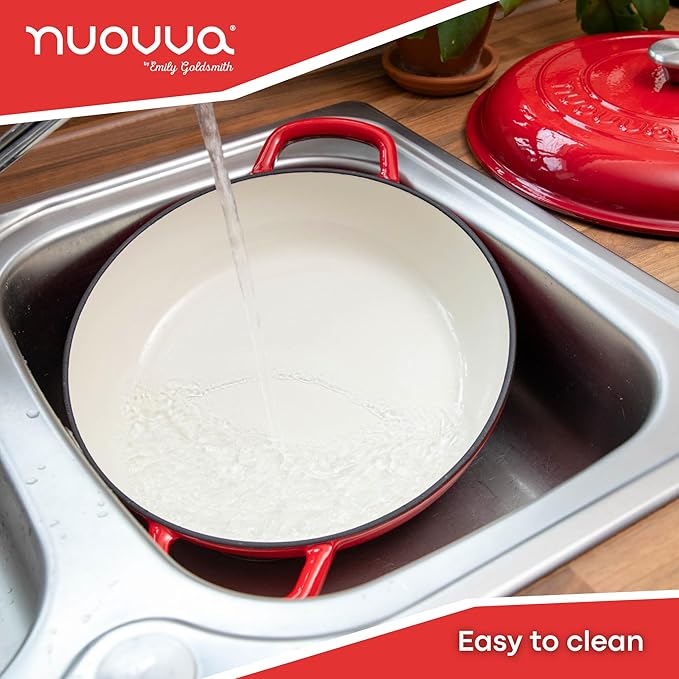 Shallow Cast Iron Casserole with Lid – Non Stick Dutch Oven Pot, Oven Safe up to 500° F – Sturdy Ovenproof Stockpot Cookware – Enamelled Cooking Pot – Red, 5-Quart, 32cm – by Nuovva